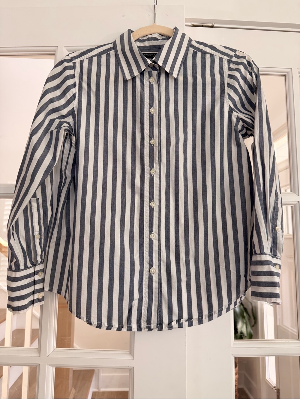 Banana Republic Navy and White Vertical Stripe Button-Down Shirt